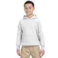 Kid's & Youth's Hoodie Gildan Youth Heavy Blend 13.3 oz. model wearing a white hoodie with pouch pocket.