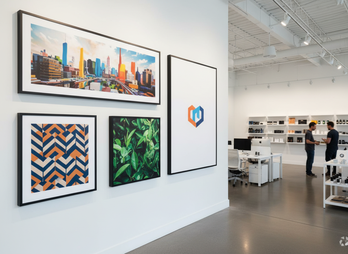 SEG Wall Art with black aluminum frame and vibrant fabric graphics in modern office and retail setting