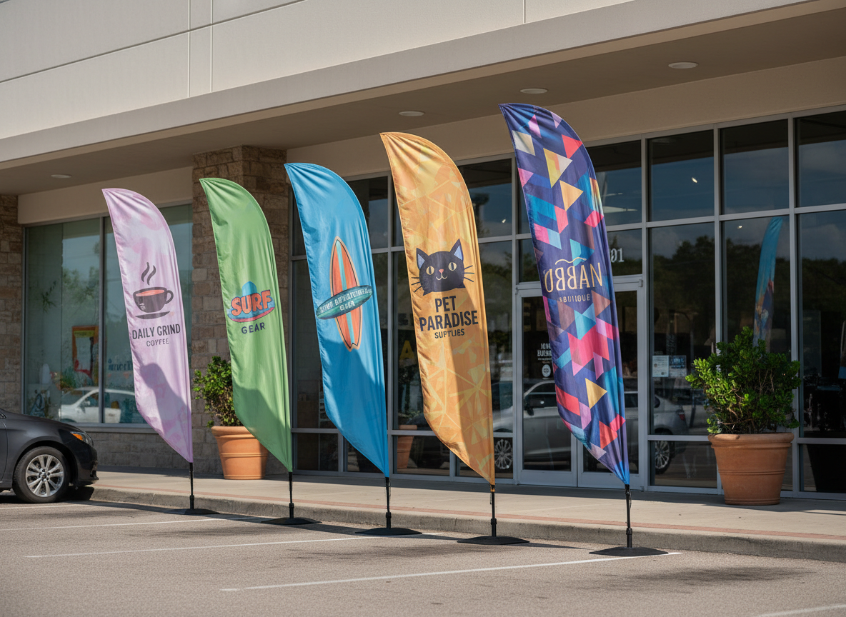 Custom printed feather flags for retail storefronts